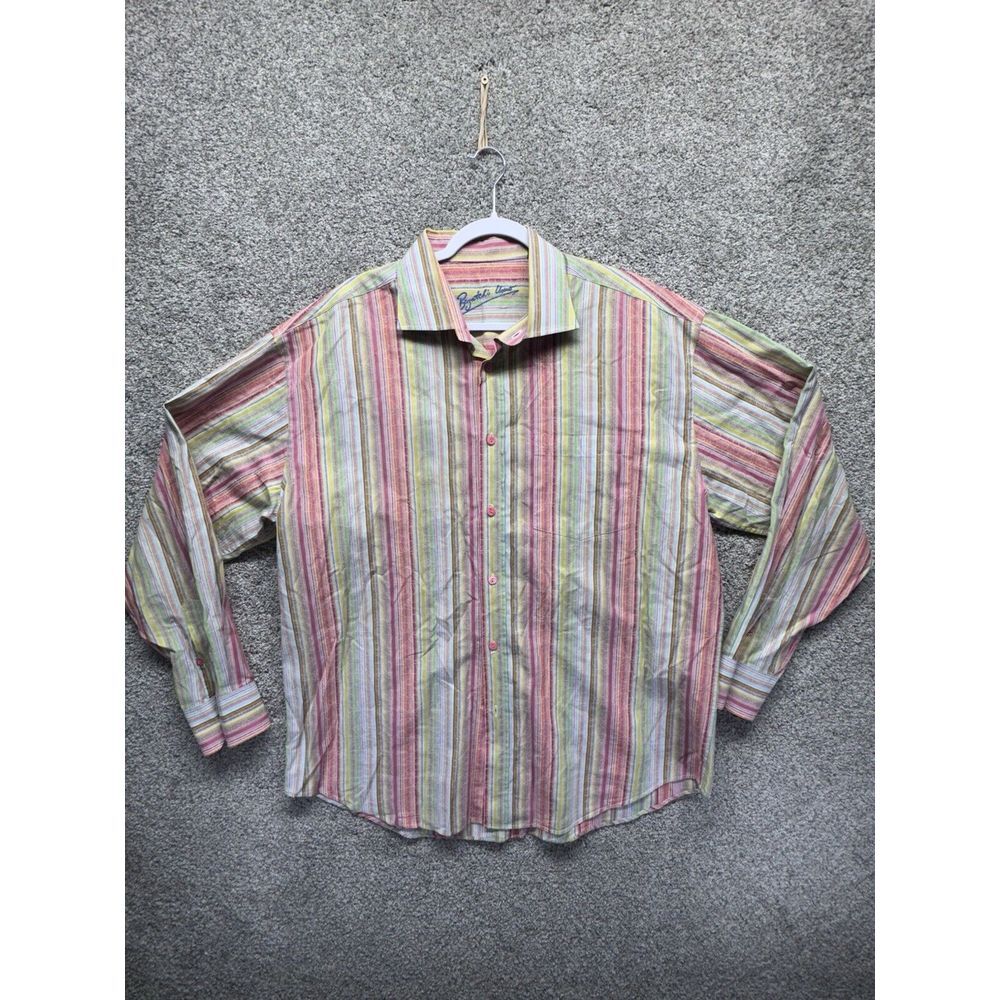 VTG‎ Bugatchi Uomo Mens XL Striped Multicolor Long Sleeve Embroidered Rainbow